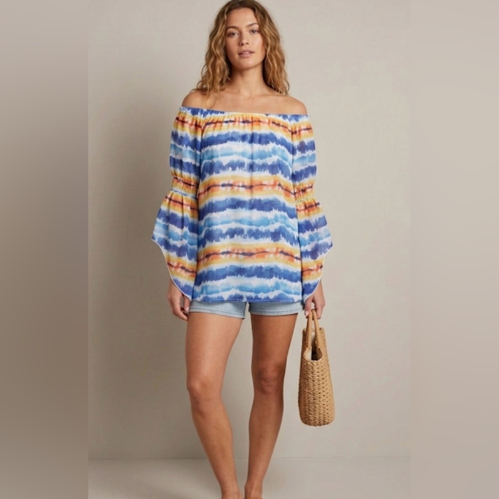 New Directions Strape Print Multicolor Women Blue and Orange Top XL Bell Sleeve